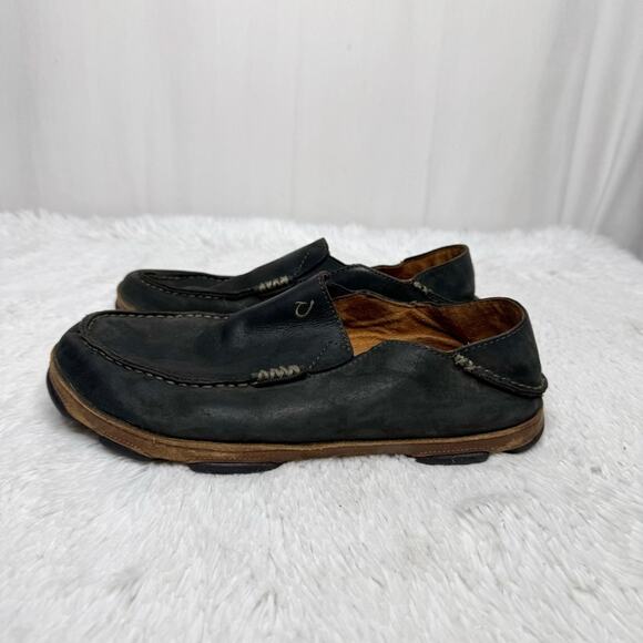 OLUKAI / Moloa black waxed leather slip on loafer shoes / 10 - Picture 4 of 10